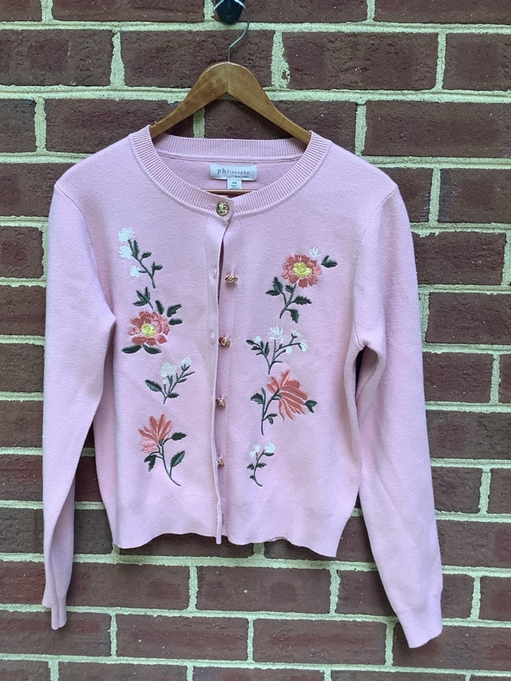 NWT $78 Philosophy Pink Embroidered Cardigan Floral Gold Rose Buttons Viscose M